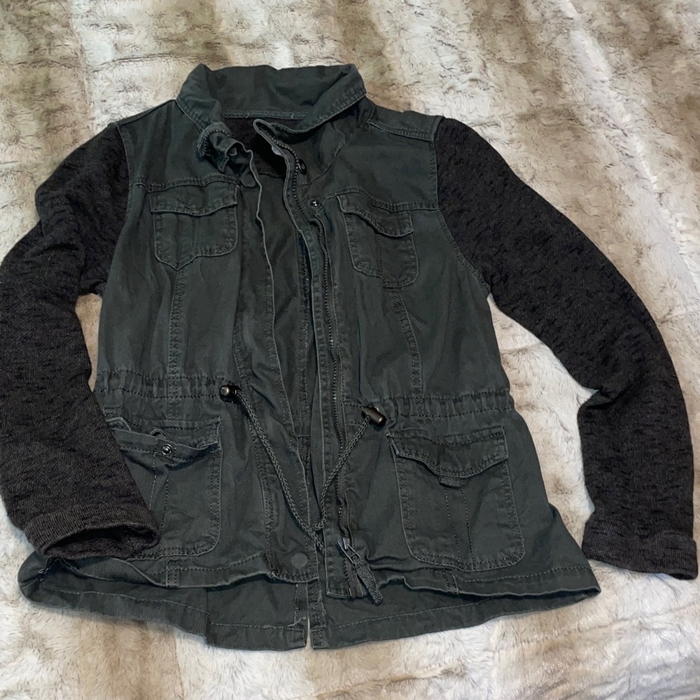 Women’s Olive Utility Jacket with Charcoal Knit Sleeves